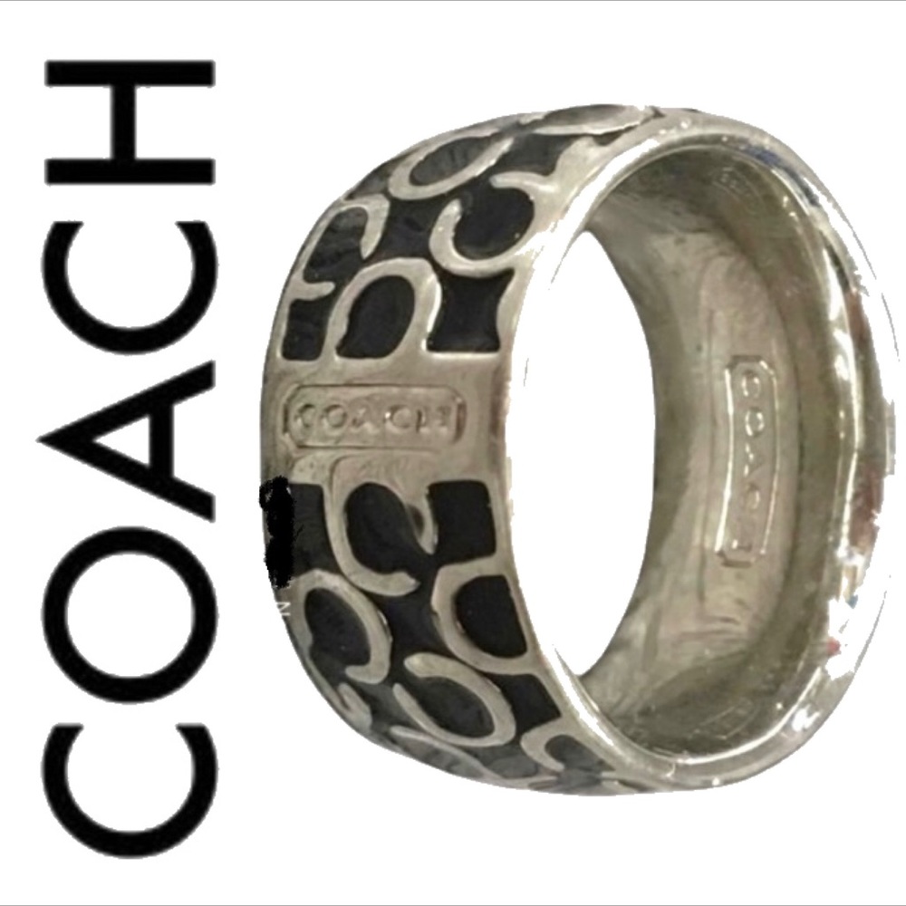 Coach Silver/Black Miranda Enamel Signature Ring Size:6